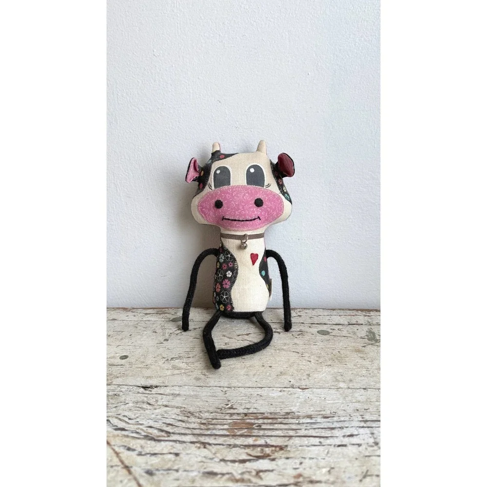 Pink Needle Felted Cow Plush Patchwork Floral Plaid Heart Bell Toy
